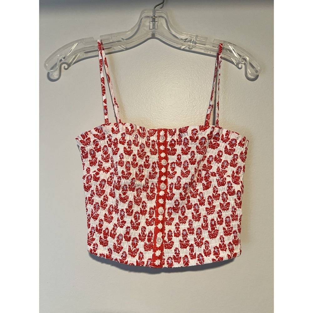Roller Rabbit Tank Top Womens XS Red Floral Smocked Button Front Cami